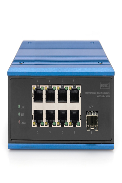 DIGITUS 8-portars Fast Ethernet-nätverks-PoE-switch, industriell, ohanterad, 1 SFP-uplink - DN-651133
