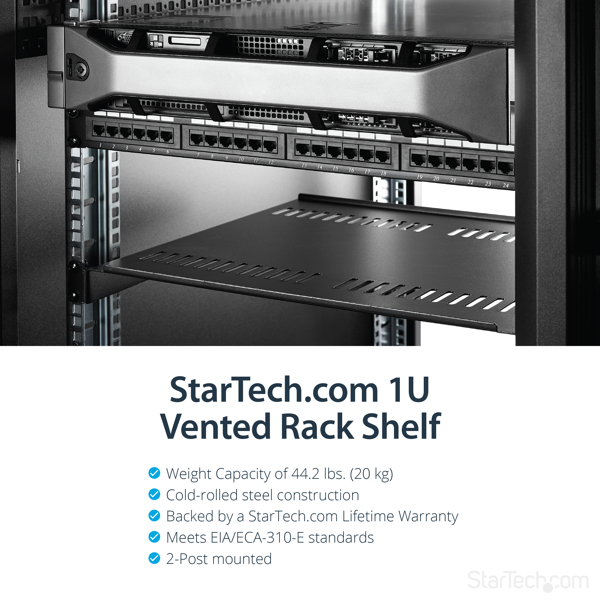 StarTech Vented 1U Rack Shelf - 16 in. Deep - Rack - Shelf - Black - 1U - 40.6 cm (16") - CABSHELF116V