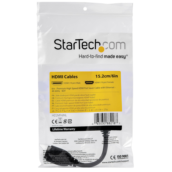 StarTech 6 in. High Speed HDMI Port Saver Cable - 4K 60Hz - 0.152 m - HDMI Type A (standard) - HDMI Type A (standard) - Black - HD2MF6INL