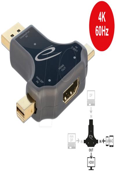 Delock Adapter - 24-stifts USB-C, Mini DisplayPort, DisplayPort-hane till HDMI-hona - 64060
