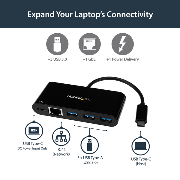 StarTech USB-C to Ethernet Adapter with 3 Port USB 3.0 Hub and Power Delivery - USB-C GbE Adapter with USB Hub and 3 USB A ports - network adapter - US1GC303APD