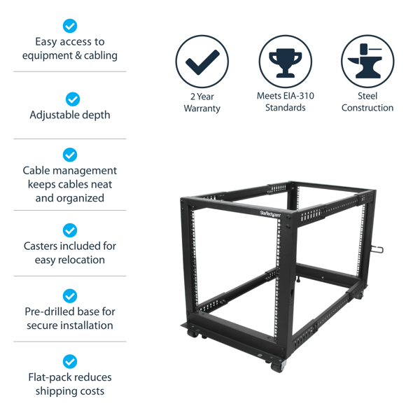 StarTech 12U Adjustable Depth Open Frame 4 Post Server Rack w - Casters, Levelers and Cable Management Hooks - Relay Rack (4 Posts) - Black - 12U (4POSTRACK12U) - 4POSTRACK12U