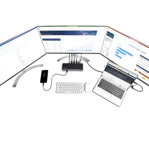 StarTech USB-C & USB-A Dock - Hybrid Universal Triple Monitor Laptop Docking Station DisplayPort & HDMI 4K 60Hz - 85W Power Delivery, 6x USB Hub, GbE, Audio - USB 3.1 Gen 2 10Gbps - Docking station - USB-C - 3 x HDMI, 3 x DP - GigE - 85 Watt - DK31C3HDPDUE