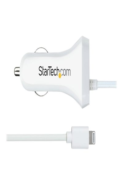 StarTech.com Lightning Car Charger with 1m Coiled Lightning Cable, 12W, White, 2 Port USB Car Charger Adapter for Phones and Tablets, In Car Apple iPhone/iPad Charger w/ Built-in Cord - USBLT2PCARW2