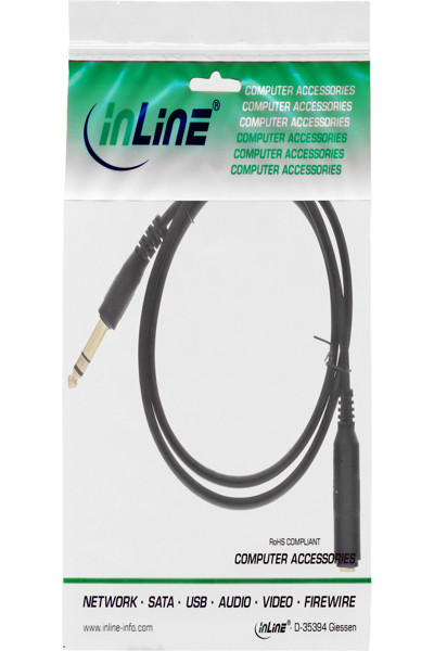 Câble d'extension pour casque InLine 6,3 mm stéréo M/F - plaqué or - noir - 2 m