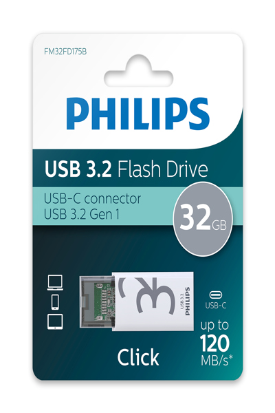 Philips Click 32GB USB Type-C 3.2 Gen 1 120MB/s Cap Transparent - FM32FD175B/00