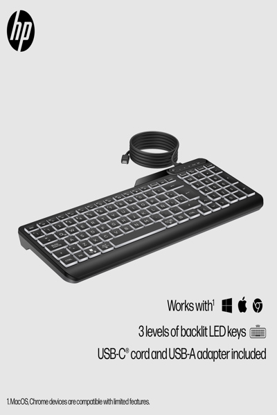 HP 405 Multi-Device Backlit Wired Keyboard: USB-C - 7N7C1AA