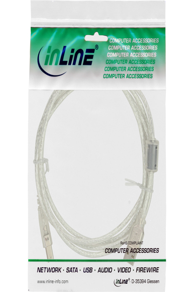 Câble USB 2.0 InLine Type A mâle / B mâle transparent - noyau de ferrite - 0,3 m