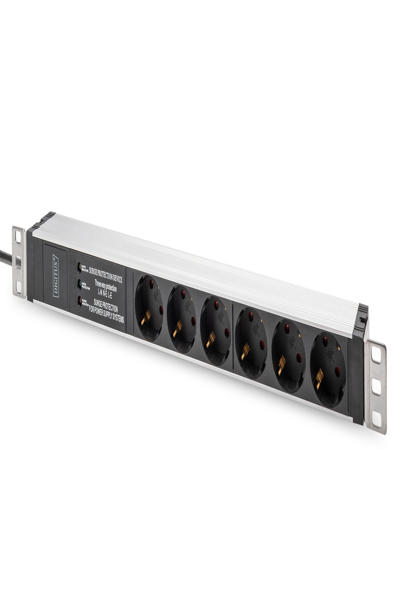 DIGITUS Socket strip with aluminum profile and surge protection, integrated line filter, 6 safety sockets, 2 m cable safety plug - DN-95432