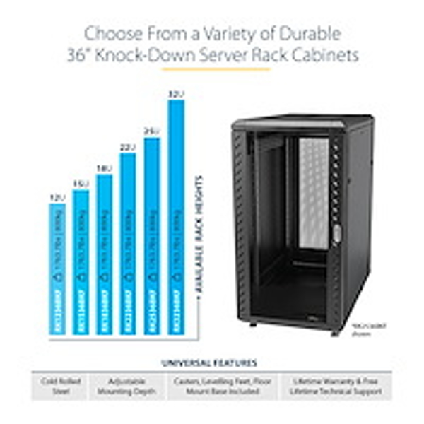 StarTech 18U Server Rack Cabinet - Includes Casters and Leveling Feet - Cabinet - Nätverksskåp - 4 Posts - floor-standing - black - 18U - 48.3 cm (19") - RK1836BKF