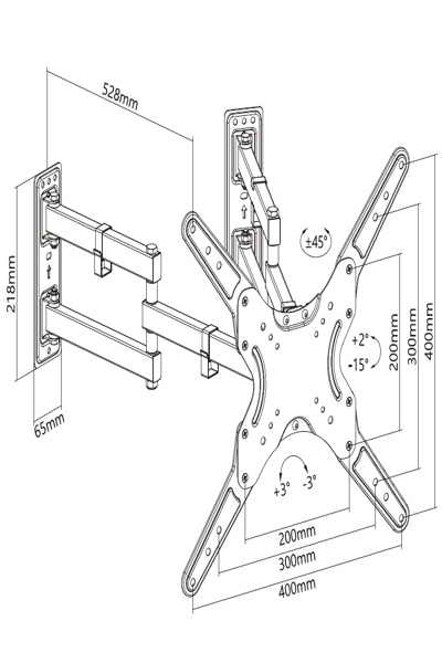 Support mural d'angle orientable Equip 650328 23"-55" - 139,7 cm (55") - 200 x 100 mm - 400 x 400 mm - -15 - 2° - Plastique - Acier inoxydable - Noir
