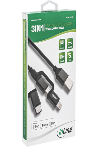 Câble USB 3 en 1 InLine Micro-USB + USB-C + Lightning