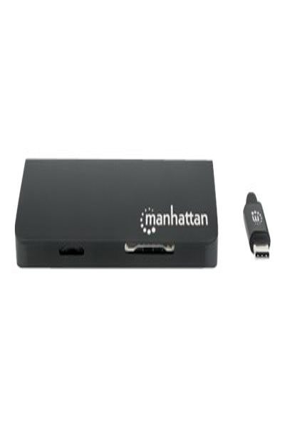 Manhattan USB-C Dock/Hub with Card Reader - Ports (x5): Ethernet - USB-A (3) and USB-C - 5 Gbps (USB 3.2 Gen1 aka USB 3.0) - With Power Delivery (100W) to USB-C Port (Note additional USB-C wall charger and USB-C cable needed) - Aluminium - Black - Three Year Warran - 152372