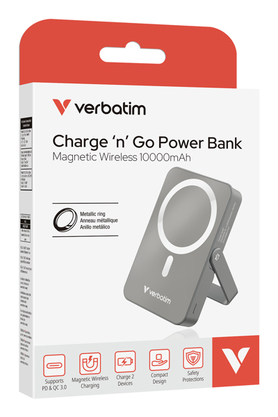 Verbatim Power Bank mit StandfuÃƒÅ¸ mag.wireless 10000mA grau 32268 - Charger - Lithium-Polymer - 32268