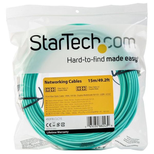 StarTech 15 m OM4 LC to LC Multimode Duplex Fiber Optic Patch Cable - Aqua - 50/125 - Fiber Optic Cable - 40/100Gb - LSZH (450FBLCLC15) - Patch cable - 15 m - Aquamarine - 450FBLCLC15