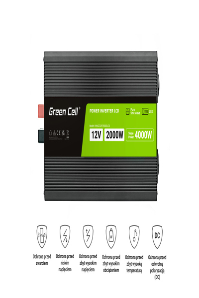 Green Cell PowerInverter LCD 12V to 230V 2000W Car Inverter - INVGC12P2000LCD