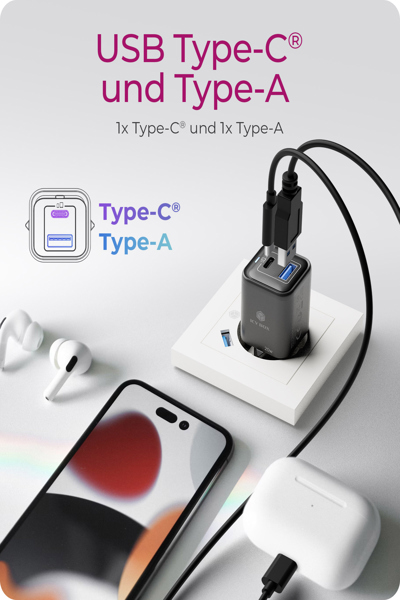 ICY BOX 2 Port USB 20 W SchnellladegerÃƒÂ¤t fuer Mobilgeraete 1x Type-C Type-A - 61122