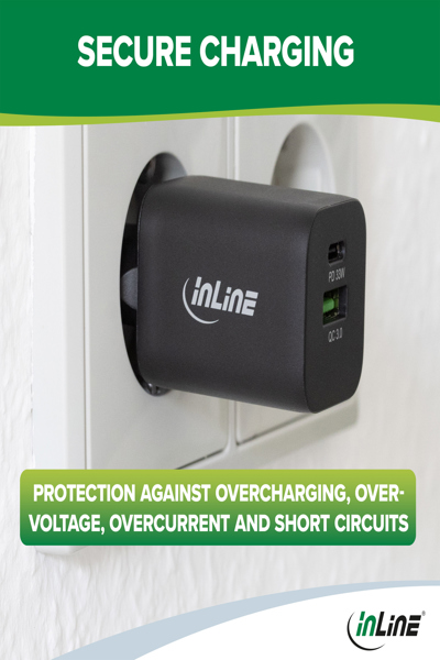 Adaptateur secteur InLine Power Delivery + Quick Charge - 33 W - USB-A + USB-C - blanc