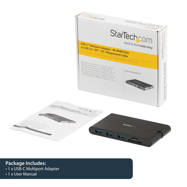 StarTech USB-C Multiport Adapter with HDMI and VGA - Mac and Windows - 3x USB 3.0 - SD/ micro SD - PD 3.0 - MacBook Pro USB C Adapter - External Video Adapter - USB-C - HDMI, VGA - Black - DKT30CHVSCPD