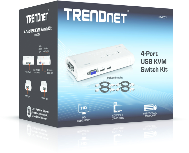 KVM 04 USB+VGA TRENDnet TK 407K with emulation and cable - TK-407K