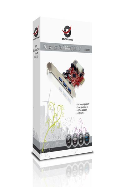 Conceptronic PCI Express Card 4-Port USB 3.0 - PCIe - USB 3.2 Gen 1 (3.1 Gen 1) - Red - Silver - China - VIA VL800 - 4.8 Gbit/s