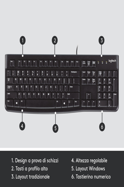 Logitech K120 Corded Keyboard - Full-size (100%) - Wired - USB - Membrane - QWERTY - Black - 920-002492