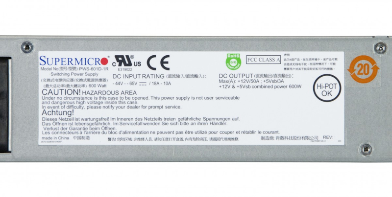 SuperMicro 1U 600W Redundant PWS-601D-1R DC48V input - PWS-601D-1R