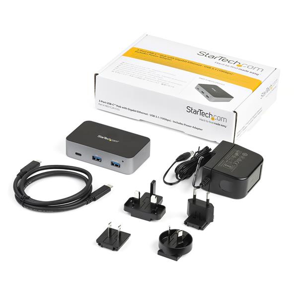 StarTech HB31C2A1CGS 3-port USB-C hub (LAN hub, 10 Gbit/s, 2x USB-A and 1x USB-C, 1m host cable, powered, with power supply) - Hub - 1 x USB-C + 2 x USB 3.1 + 1 x 10/100/1000 - Desktop - AC 110/240 V - HB31C2A1CGS