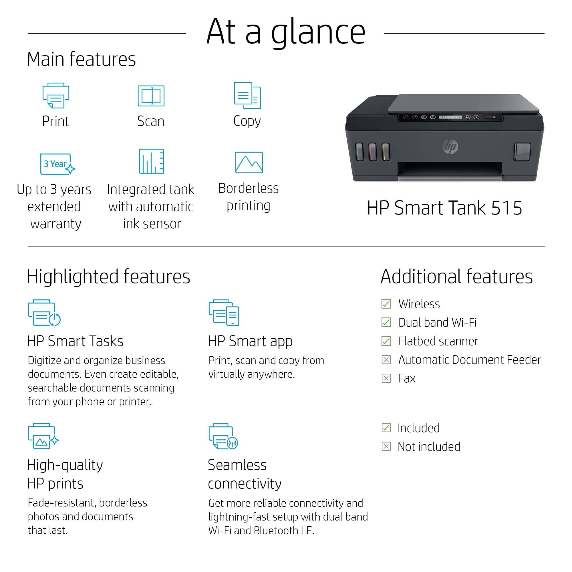 HP Smart Tank 515 - Thermal inkjet - Colour printing - 4800 x 1200 DPI - A4 - Direct printing - Black - 1TJ09A
