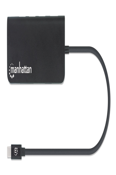 Manhattan USB-C Dock/Hub with Card Reader - Ports (x5): Ethernet - USB-A (3) and USB-C - 5 Gbps (USB 3.2 Gen1 aka USB 3.0) - With Power Delivery (100W) to USB-C Port (Note additional USB-C wall charger and USB-C cable needed) - Aluminium - Black - Three Year Warran - 152372