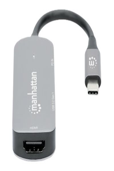 Manhattan USB-C Dock/Hub - Ports (x3): HDMI - USB-A and USB-C - With Power Delivery (100W) to USB-C Port (Note add USB-C wall charger and USB-C cable needed) - All Ports can be used at the same time - Aluminium - Space Grey - Three Year Warranty - Retail Box - Wire - 130707