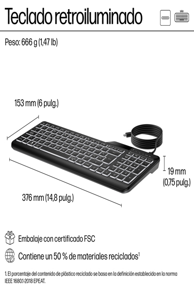 HP 405 Multi-Device Backlit Wired Keyboard: USB-C - 7N7C1AA