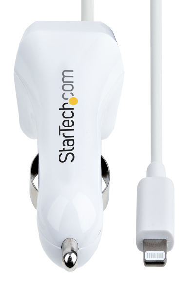 StarTech.com Lightning Car Charger with 1m Coiled Lightning Cable, 12W, White, 2 Port USB Car Charger Adapter for Phones and Tablets, In Car Apple iPhone/iPad Charger w/ Built-in Cord - USBLT2PCARW2