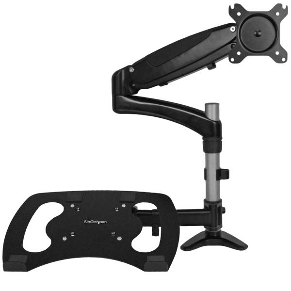 StarTech Single Monitor Arm - Laptop Stand - One-Touch Height Adjustment - Adjustable Arm (Mounting for Pole, Rubber Pad, Laptop Tray, Spring Arm, Swivel Arm, 4 Spacers, Clip for Cable Management, Screws, Key) for LCD Display/Notebook - Alum - ARMUNONB