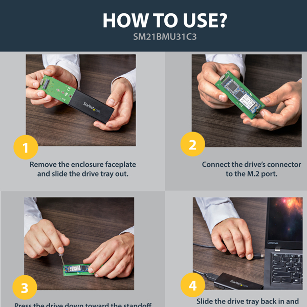 StarTech M.2 SSD Enclosure for M.2 SATA SSDs - USB 3.1 (10Gbps) with USB-C Cable - SSD enclosure - M.2 - M.2 - 10 Gbit/s - USB connectivity - Black - Silver - SM21BMU31C3