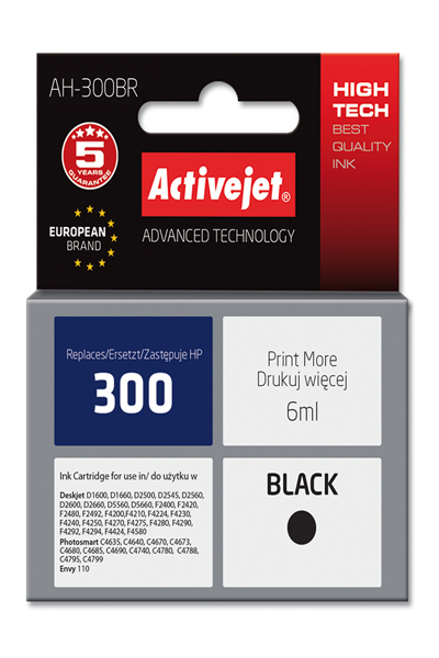 Activejet AH-300BR ink (replacement for HP 300 CC640EE; Premium; 6 ml; black) - High (XL) Yield - Pigment-based ink - 6 ml - 1 pc(s) - Single pack