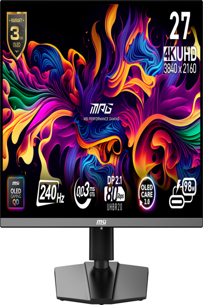 MSI MPG 272URX QD-OLED 26.5inch UHD 240hz 0.03ms 2xHDMI2.1 DP2.1 USB C PD98W 2xUSB Pivot - PC - MPG 272URX QD-OLED