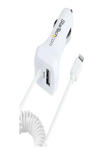 StarTech.com Lightning Car Charger with 1m Coiled Lightning Cable, 12W, White, 2 Port USB Car Charger Adapter for Phones and Tablets, In Car Apple iPhone/iPad Charger w/ Built-in Cord - USBLT2PCARW2