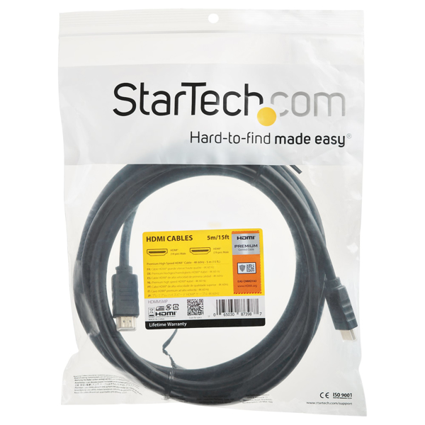 StarTech Premium High Speed HDMI Cable with Ethernet - 4K 60Hz - 5 m (15 ft.) - 5 m - HDMI Type A (Standard) - HDMI Type A (Standard) - 3840 x 2160 pixels - Black - HDMM5MP