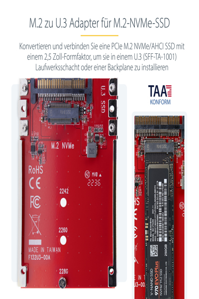 StarTech.com M.2 to U.3 Adapter, For M.2 NVMe SSDs, PCIe M.2 Drive to 2.5inch U.3 (SFF-TA-1001) Host Adapter/Converter, TAA Compliant - 1M25-U3-M2-ADAPTER