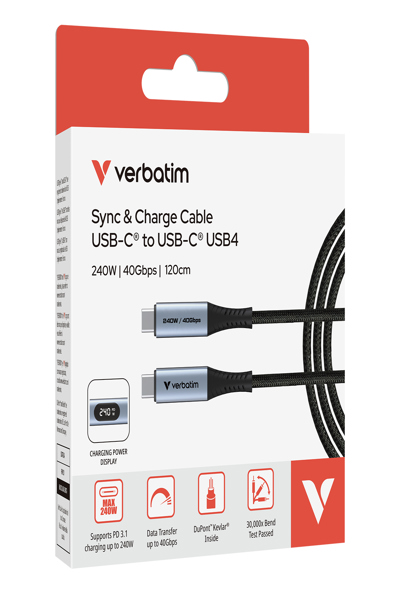 Verbatim Sync & Charge USB C to 240W 40 Gbps Display - Cable - Digital - 31849