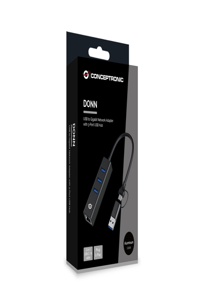 Conceptronic Adapter USB3.0-> RJ45.3xUSB3.0 TypC Ad sw - Adapter - Network