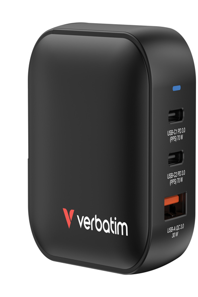 Chargeur Verbatim Mini GaN 70 W 2 x USB-C PD, 1 x USB-A QC 3.0 32229