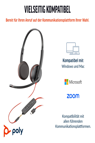 Poly Blackwire C3225 Stereo USB-C Headset (Bulk) - Wired - Office/Call center - 20 - 20000 Hz - 164.2 g - Headset - Black