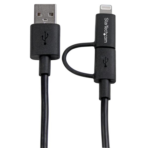 StarTech Apple 8-pin Lightning or Micro USB to USB Combo Cable - iPad / iPhone / iPod / cellular phone / tablet charging / data cable - Lightning / USB - 24/28 AWG - USB Type A, 4-pin (M) - 5-pin Micro-USB Type B, Lightning (M) - 1.0m - shielded - Black - LTUB1MBK