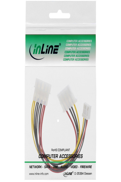 Câble d'alimentation interne en Y InLine : 1 Molex 5,25 pouces / 1 Molex 5,25 pouces + 1 disquette 3,5 pouces