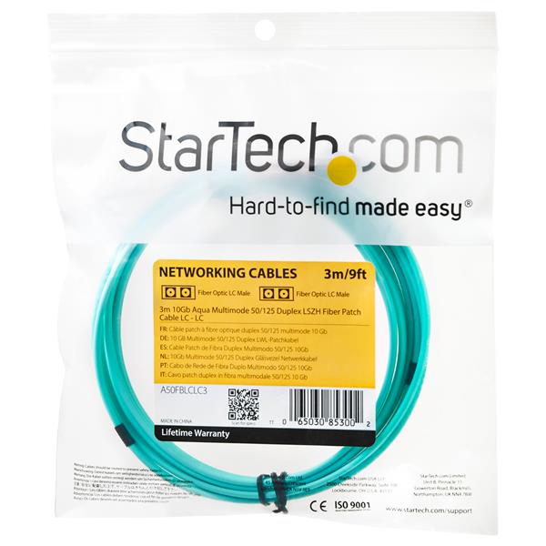 StarTech 3m fiber optic cable - 10 Gb aqua - multimode duplex 50/125 - LSZH - LC/LC - OM3 - LC to LC fiber patch cable - patch cable - 3 m - aquamarine - A50FBLCLC3