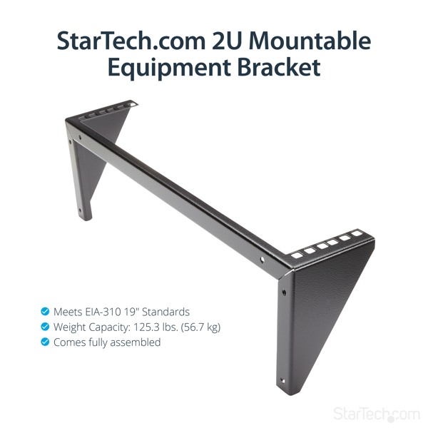 StarTech 2U 19in Steel Vertical Wall Mount Equipment Rack Bracket - 2U - Wall mounted rack - 56.7 kg - Black - Steel - Open - RK219WALLV