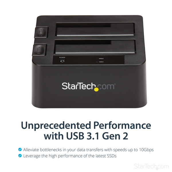 StarTech.com USB 3,1 Gen 2 (10Gbps) Dual-Bay Dock for 2.5"/3.5" SATA Drives - Speicher-Controller mit Datenanzeige, Netzanzeige - 6,4 cm, 8,9 cm (2.5", 3.5") - USB 3,1 (Gen 2) - Schwarz (SDOCK2U313) - SDOCK2U313