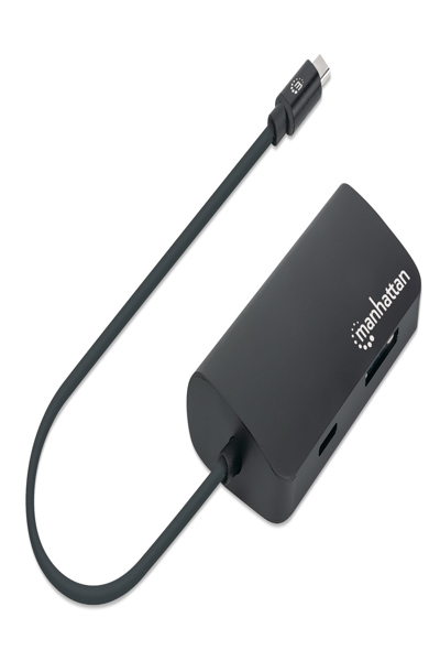 Manhattan USB-C Dock/Hub with Card Reader - Ports (x5): Ethernet - USB-A (3) and USB-C - 5 Gbps (USB 3.2 Gen1 aka USB 3.0) - With Power Delivery (100W) to USB-C Port (Note additional USB-C wall charger and USB-C cable needed) - Aluminium - Black - Three Year Warran - 152372